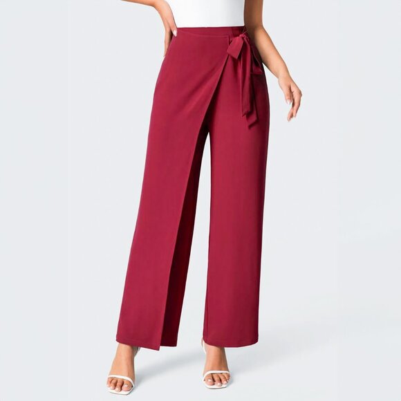 Halara Wrap Pants M Red High Waist Tie Side Wide Leg Office Work Career Holiday - Picture 1 of 9